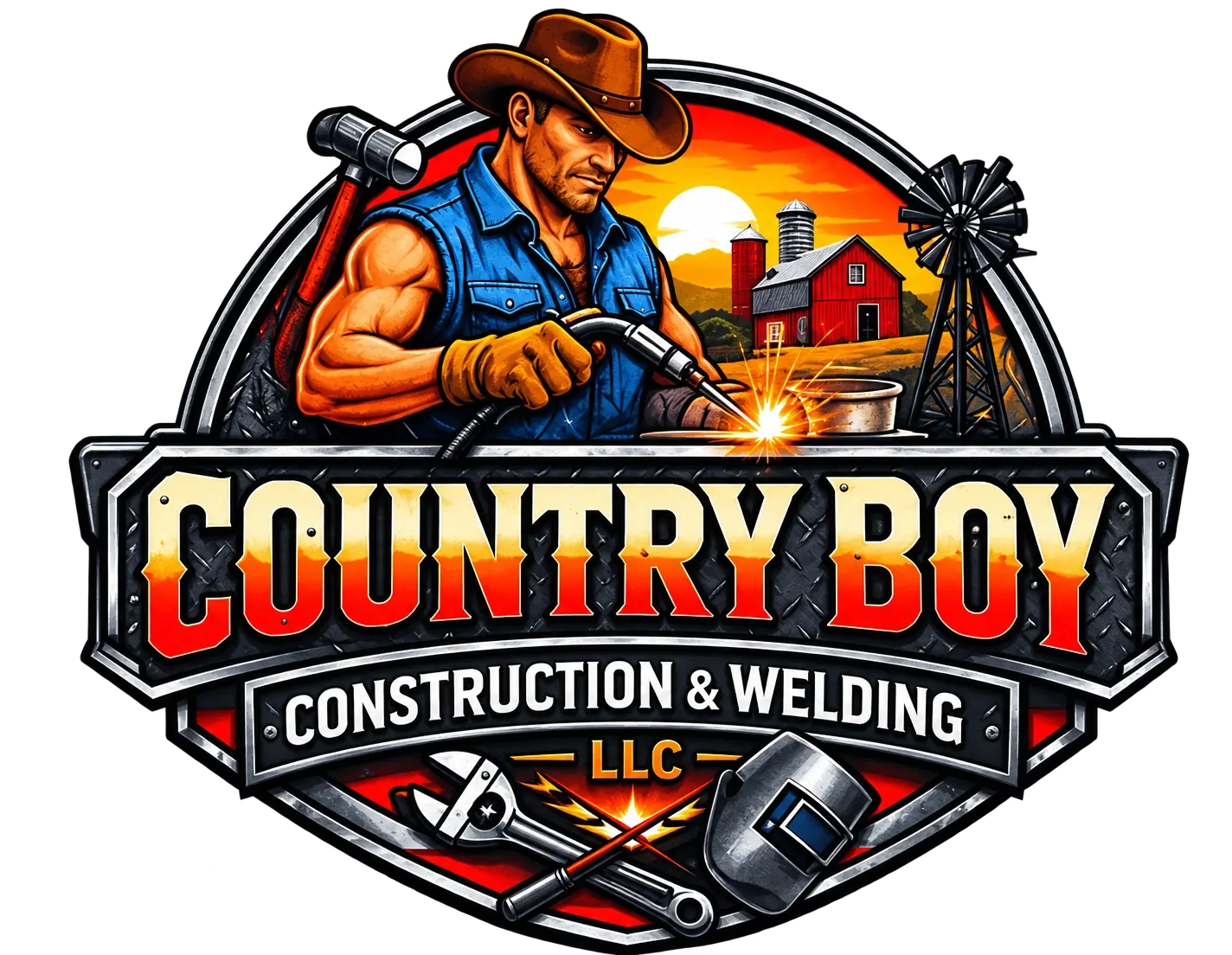 Country Boy Construction & Welding LLC logo featuring cowboy welder with tools and farm background