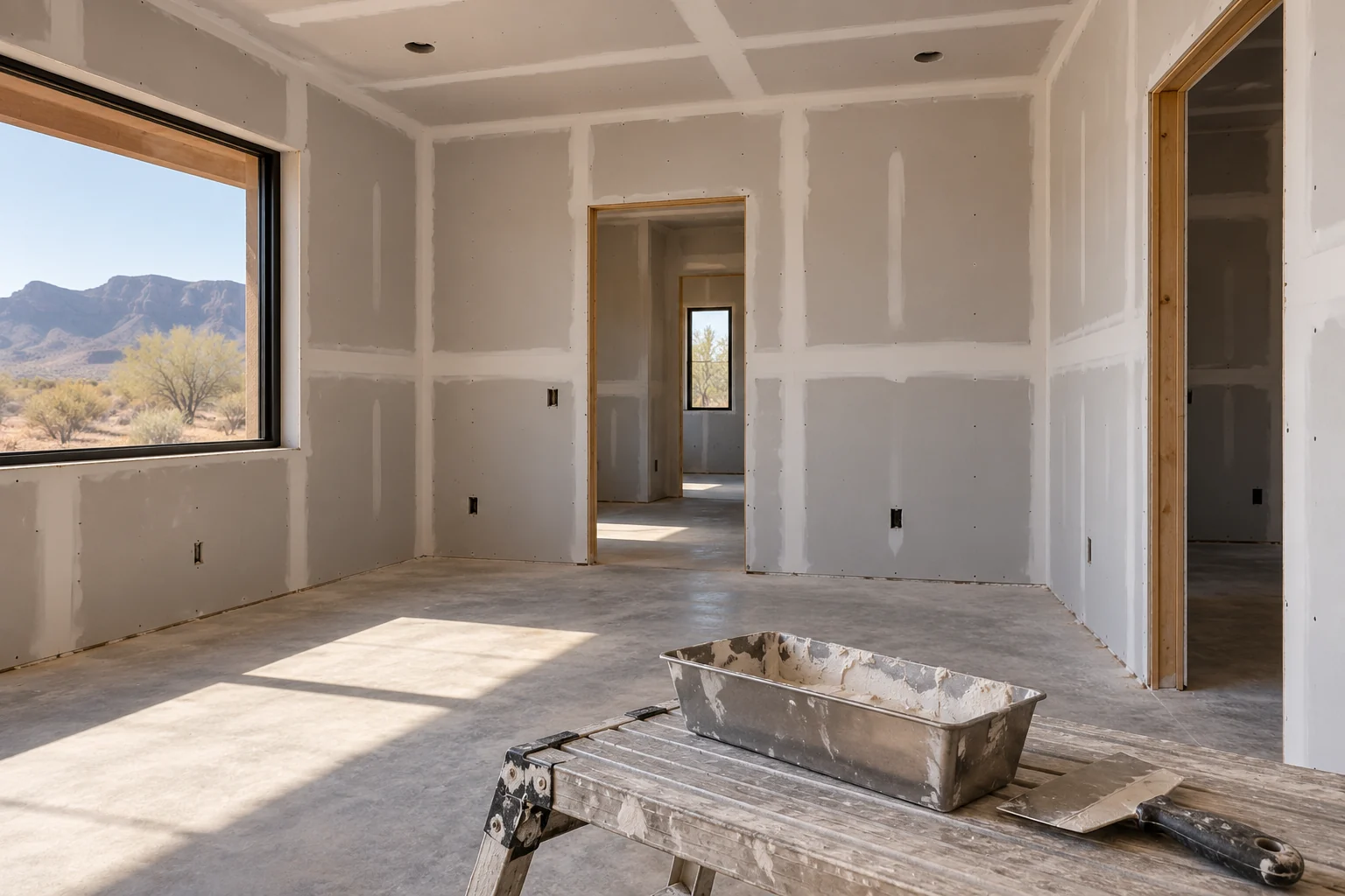 Interior construction site with drywall, wooden door frames, large window overlooking desert mountain landscape