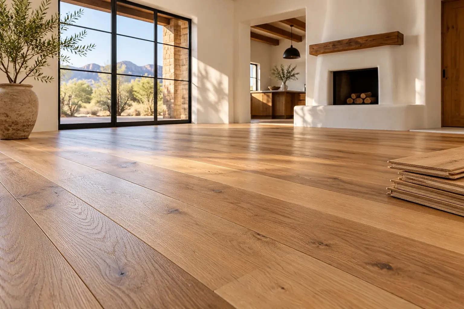 Spacious modern home interior with wide plank wood flooring and mountain views through large windows