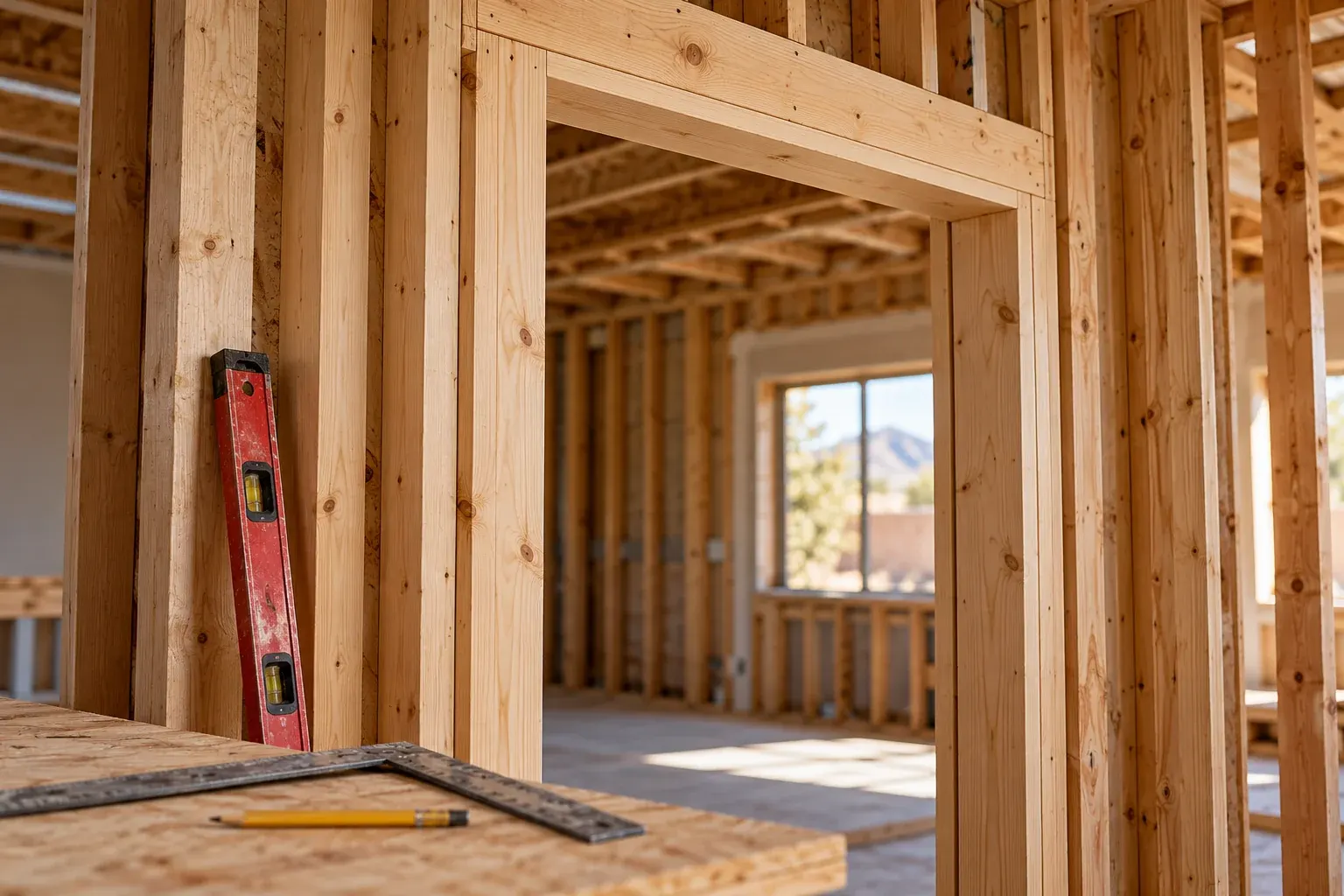 Interior framing of new home construction with red level and pencil on wooden studs