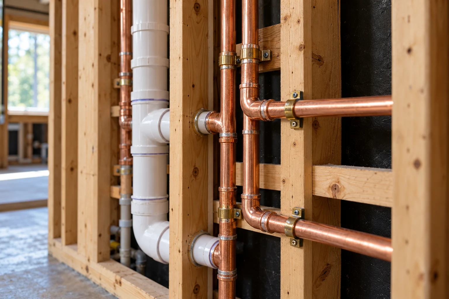 Copper and PVC plumbing pipes mounted on wooden framing studs during construction