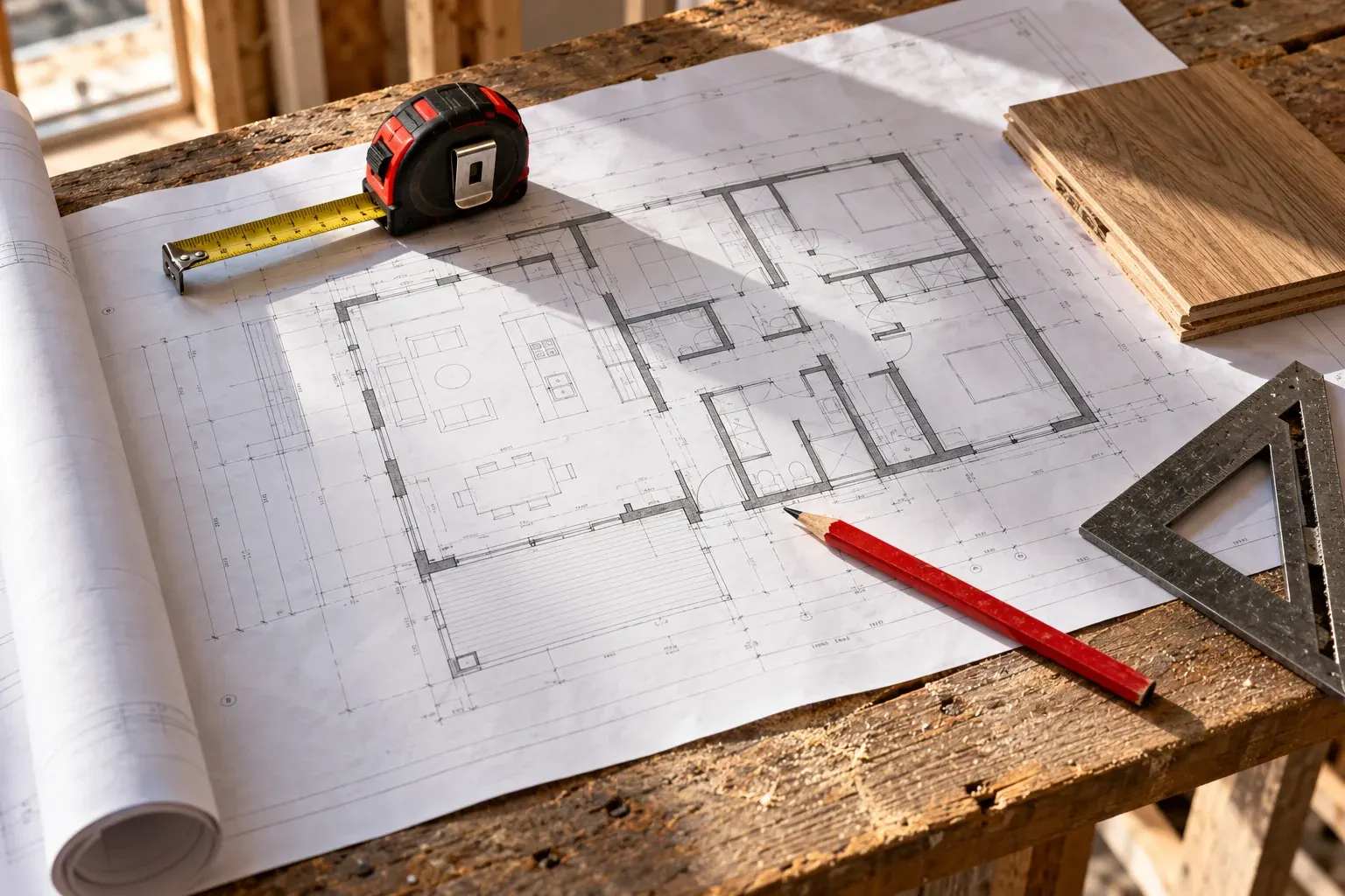 Construction blueprints with tape measure, pencil, triangle ruler on wooden workbench