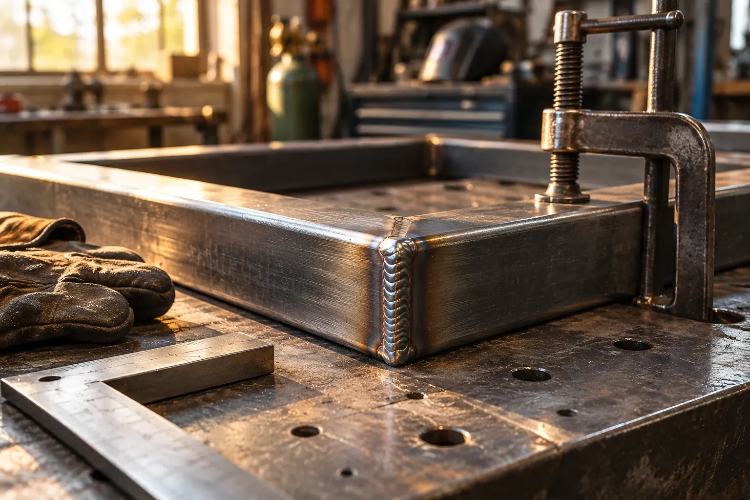 Metal vise clamping wooden workpiece in industrial workshop with tools and windows in background