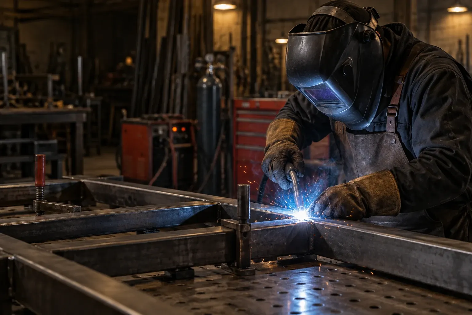 Welder in protective helmet and apron performing metal fabrication work at industrial workbench with bright arc light