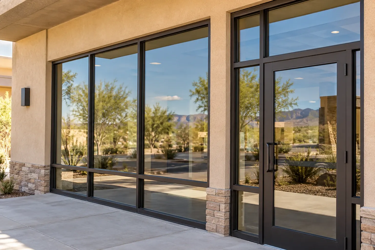 Modern black-framed glass doors and windows overlooking desert landscape with mountains