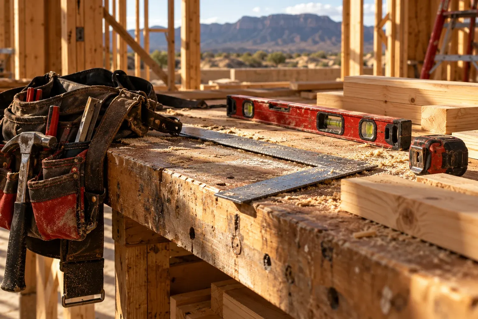 Construction site with tool belt, level, and wooden framing against desert mountain backdrop